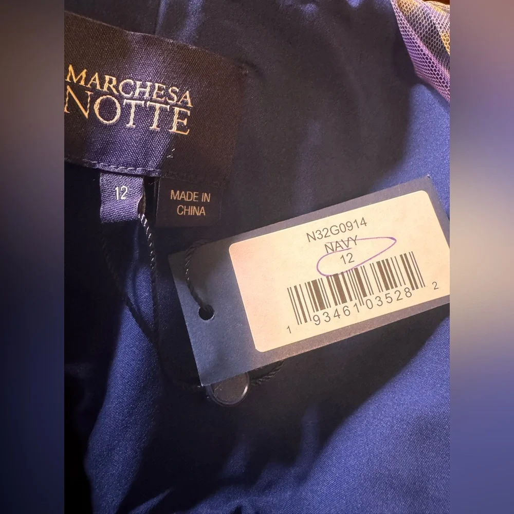 NWT MARCHESA NOTTE One-Shoulder Bow-Detail Tulle Gown In Navy. Size 12